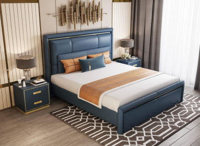 Bedroom set bed 2x nightstands 3-piece design modern luxury blue gold